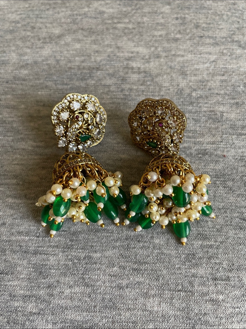 Gold Jhumka Earrings with Green Beads & Pearls